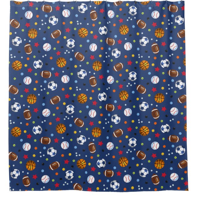 Navy Blue Multi Sports Balls Printed Shower Curtai Shower Curtain (Front)