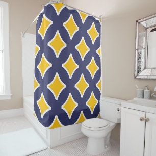 Navy blue, mustard yellow, white, modern shower curtain