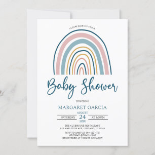 Navy Blue Muted Tones Boho Rainbow Baby Shower Invitation