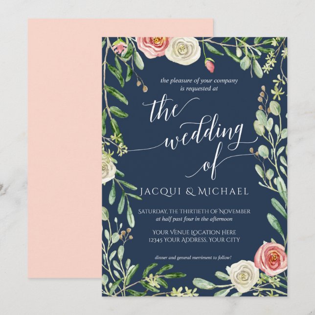 Navy Blue n Blush Floral Wedding Rose Foliage Leaf Invitation (Front/Back)