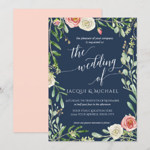 Navy Blue n Blush Floral Wedding Rose Foliage Leaf Invitation