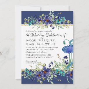 Navy Blue n Gold Watercolor Poppy Floral Wedding Invitation