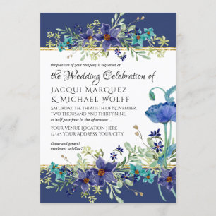 Navy Blue n Gold Watercolor Poppy Floral Wedding Invitation