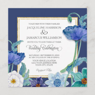 Navy Blue n White Watercolor Poppy Art Deco Floral Invitation