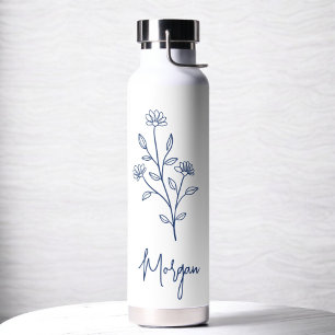 Navy Blue Name Floral Bachelorette Bridal Water Bottle