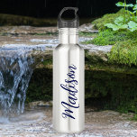 Navy Blue Name Handwritten Script Custom 710 Ml Water Bottle<br><div class="desc">A trendy navy blue personalised monogram water bottle for a girl or guy who loves simple,  handwritten gifts. Beautiful cursive script down the side of your bottle spelling out your name in cool typography.</div>