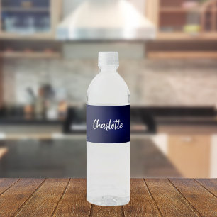 Navy blue name script water bottle label