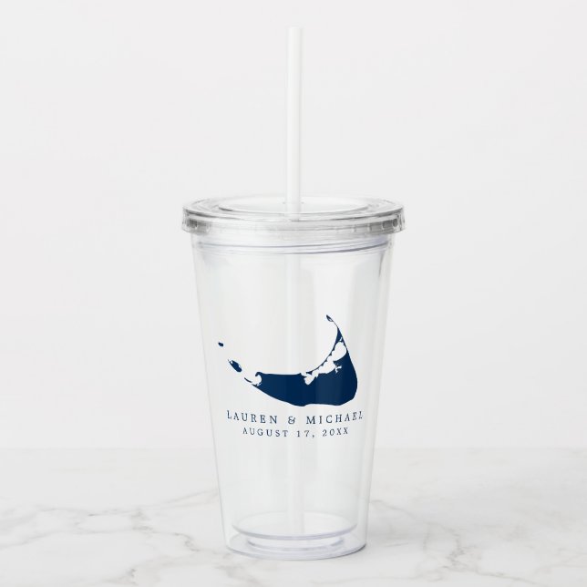 Navy Blue Nantucket Island ACK Wedding Favour Acrylic Tumbler (Front)