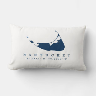 Navy Blue Nantucket Island Map and Coordinates Lumbar Cushion