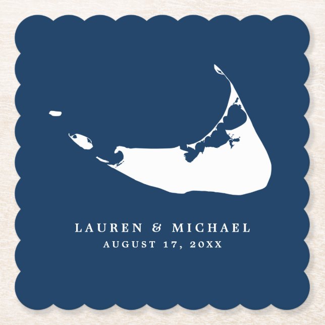 Navy Blue Nantucket Island Map Wedding Reception Paper Coaster (Front)