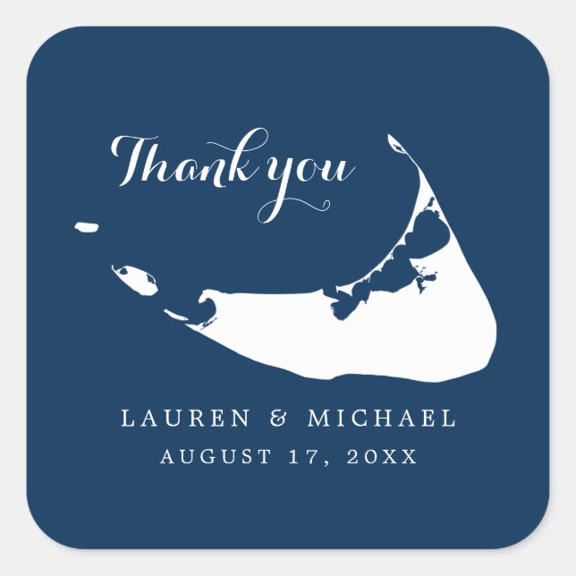 Navy Blue Nantucket Island Map Wedding Thank You Square Sticker (Front)