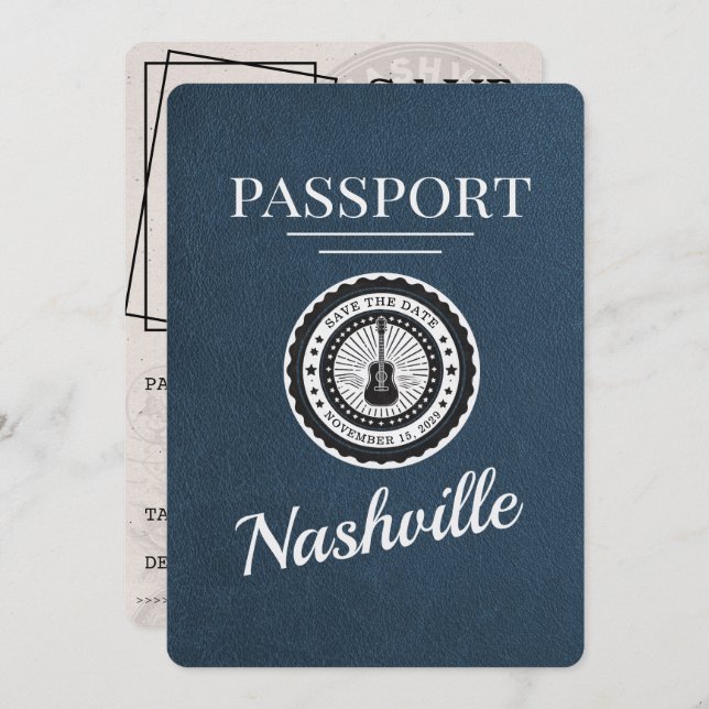 Navy Blue Nashville Passport Save The Date (Front/Back)