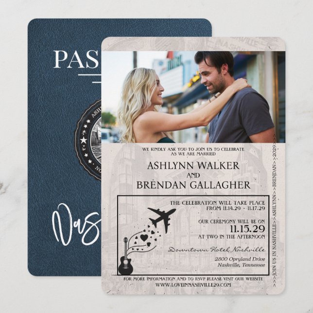 Navy Blue Nashville Passport Wedding Invitation (Front/Back)