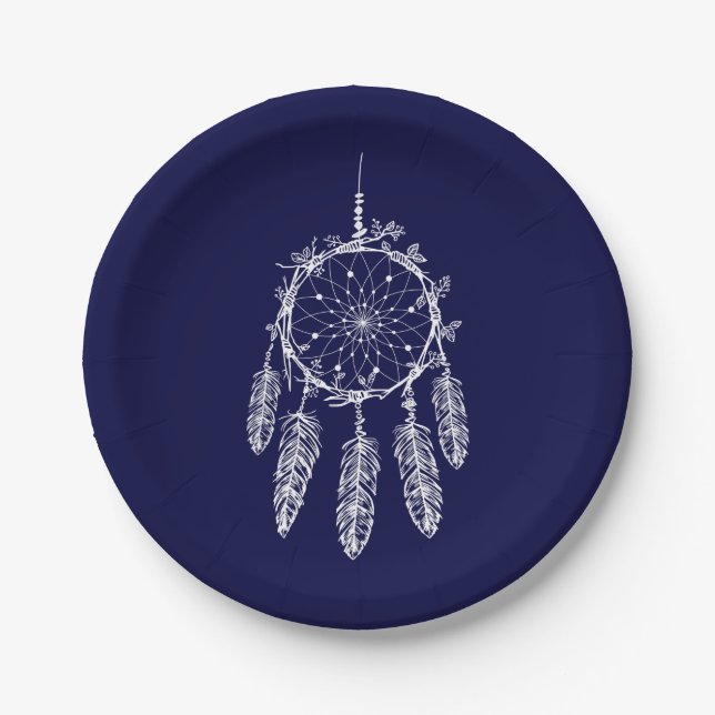 Navy Blue Native American Dream Catcher Wedding Paper Plate (Front)