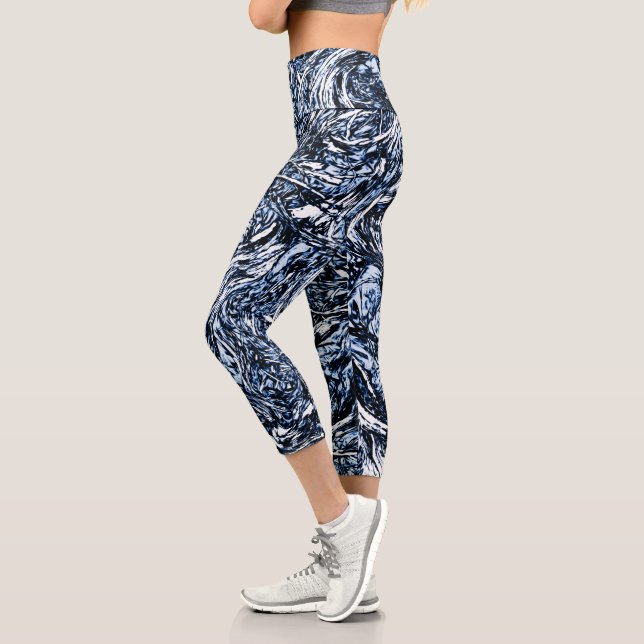 Navy Blue Nature Abstract Pattern Capri Leggings (Left)