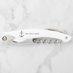Navy Blue Nautical Anchor and Custom Name Corkscrew