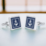 Navy Blue Nautical Anchor and Framed Monogram Silver Finish Cufflinks<br><div class="desc">Modern and stylish monogram design features an anchor and a two-letter monogram.</div>