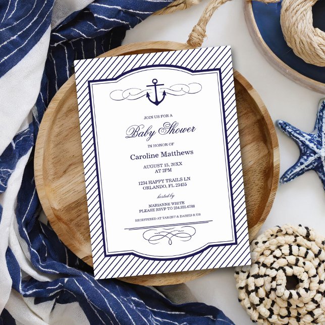 Navy Blue Nautical Anchor and Stripes Baby Shower Invitation (Creator Uploaded)