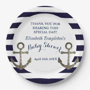 Navy Blue Nautical Anchor Baby Shower Paper Plate