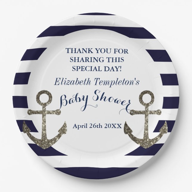 Navy Blue Nautical Anchor Baby Shower Paper Plate (Front)