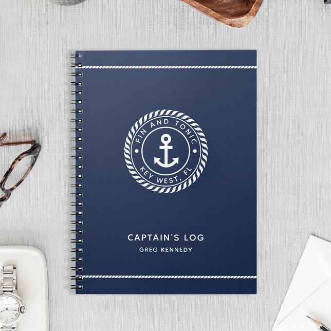 Navy Blue Nautical Anchor Boat Name Captain's Log Notebook (Creator Uploaded)