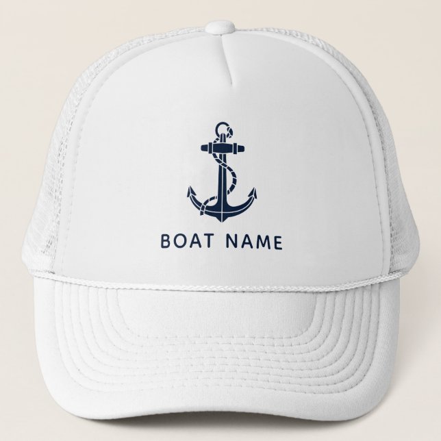 Navy Blue Nautical Anchor Boat Name Summer Cruise Trucker Hat (Front)