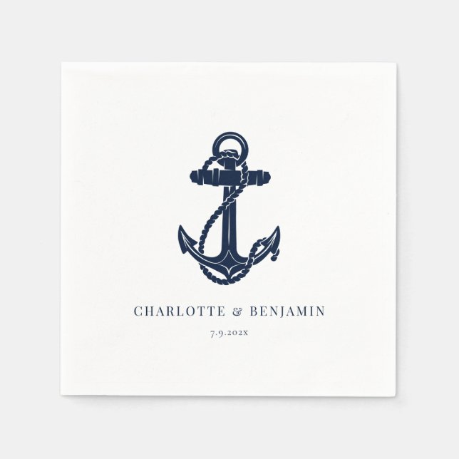 Navy Blue Nautical Anchor Coastal Wedding Paper Napkin (Front)