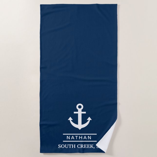 Navy Blue Nautical Anchor Custom Monogram Name  Beach Towel (Front)