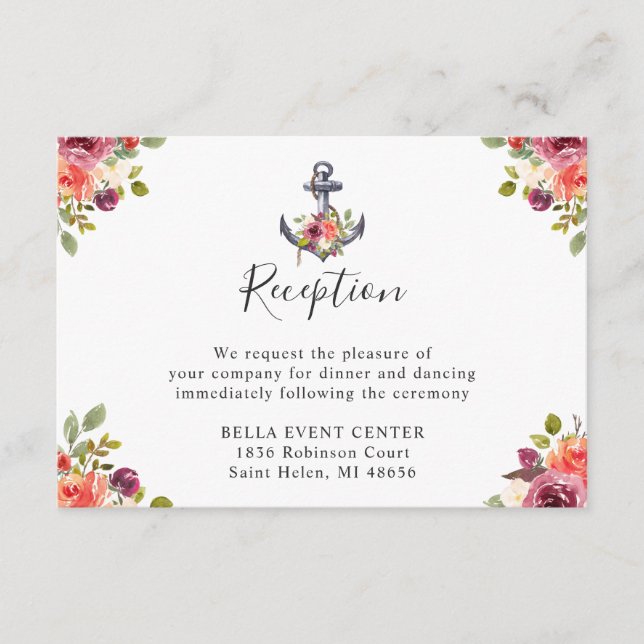 Navy Blue Nautical Anchor Floral Wedding Reception Enclosure Card (Front)