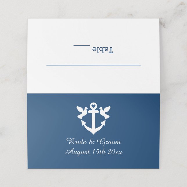 Navy blue nautical anchor maritime wedding place card (Outside Unfolded)