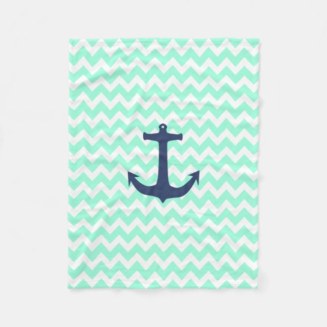 Navy Blue Nautical Anchor Mint Blue Chevron Fleece Blanket (Front)