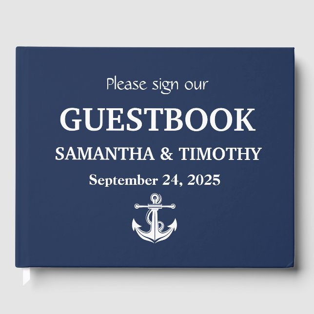 Navy Blue Nautical Anchor Modern Beach Wedding Guest Book (Front)