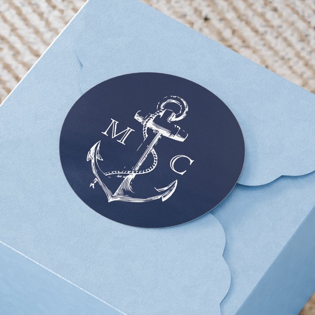 Navy Blue Nautical Anchor Monogram Classic Round Sticker (Creator Uploaded)