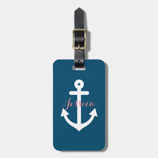Navy Blue Nautical Anchor Monogram Luggage Tag (Front Vertical)