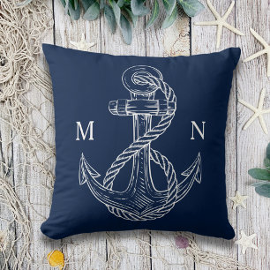 Navy Blue Nautical Anchor Monogram Outdoor Cushion