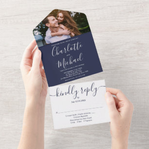 Navy Blue Nautical Anchor Monogram Photo Wedding All In One Invitation