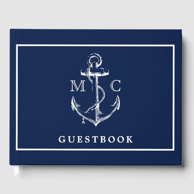 Navy Blue Nautical Anchor Monogram Wedding Guest Book (Front)