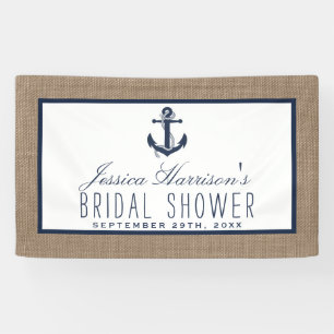 Navy Blue Nautical Anchor On Burlap Bridal Shower Banner