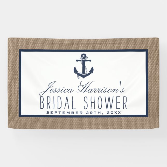 Navy Blue Nautical Anchor On Burlap Bridal Shower Banner (Horizontal)