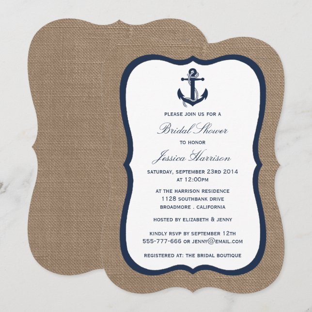 Navy Blue Nautical Anchor On Burlap Bridal Shower Invitation (Front/Back)