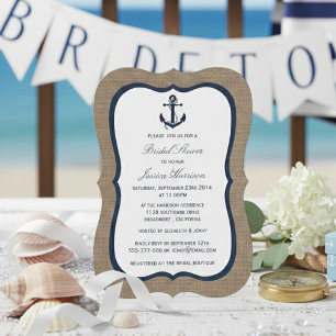 Navy Blue Nautical Anchor On Burlap Bridal Shower Invitation