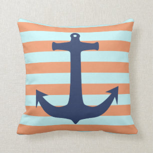 Navy Blue Nautical Anchor Orange Mint Blue Stripes Cushion