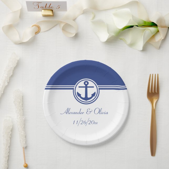 Navy Blue Nautical Anchor Paper Plate (Wedding)