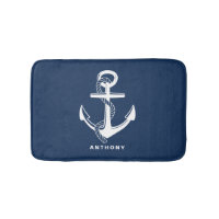 Navy Blue Nautical Anchor Personalised Bath Mat