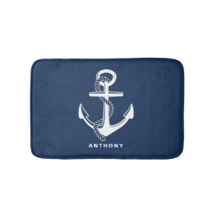 Navy Blue Nautical Anchor Personalised Bath Mat