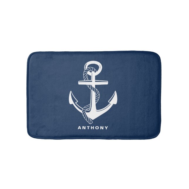 Navy Blue Nautical Anchor Personalised Bath Mat (Front)