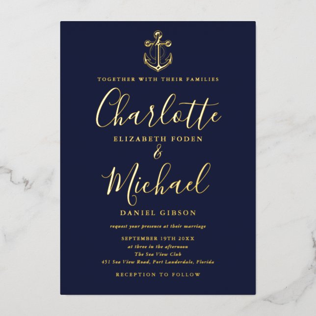 Navy Blue Nautical Anchor Photo Wedding Gold (Front)