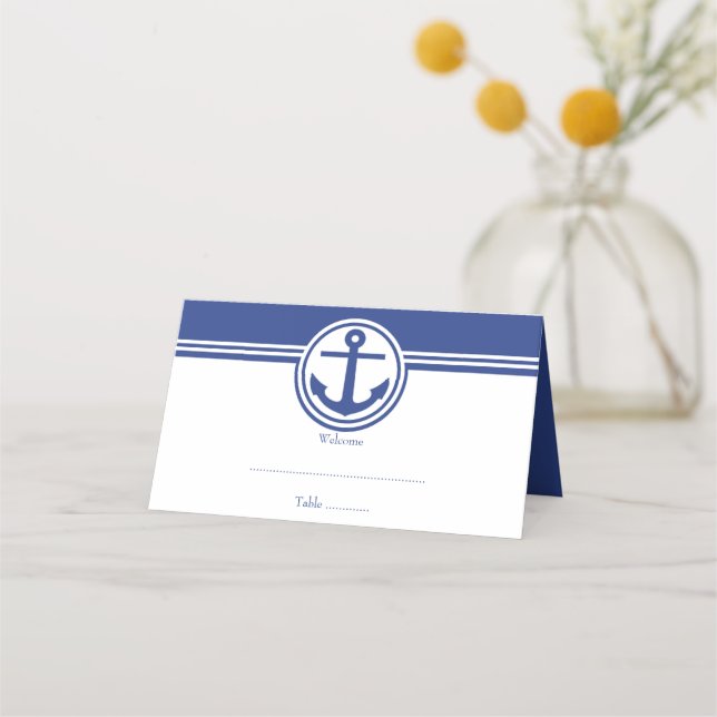 Navy Blue Nautical Anchor Reception Place Card (Front)