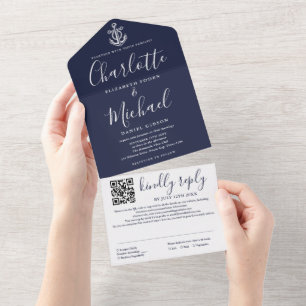 Navy Blue Nautical Anchor Script QR Code Wedding All In One Invitation