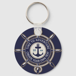Navy Blue Nautical Anchor & Ship's Wheel Adventure Key Ring